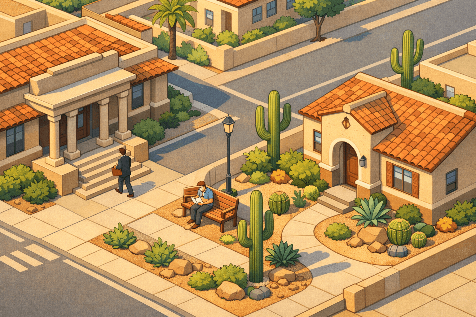 Isometric scene of a Tucson neighborhood with adobe-style buildings, a small bank, a stucco home, desert plants, and two small figures handling mortgage documents.