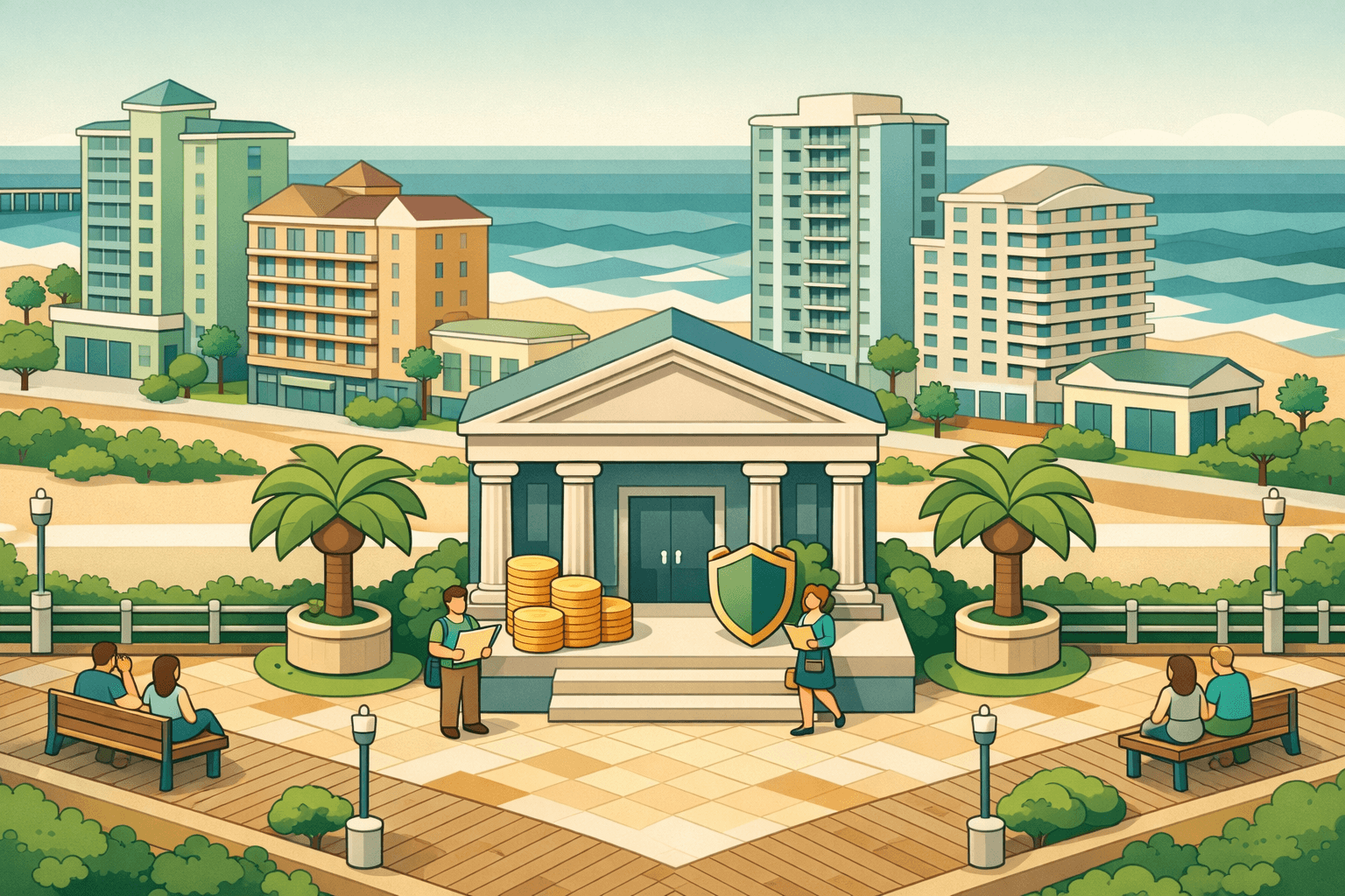 Isometric scene of a Virginia Beach coastal skyline with a small bank building, tiny figures carrying documents, and stacked coins representing asset-based mortgage lending.