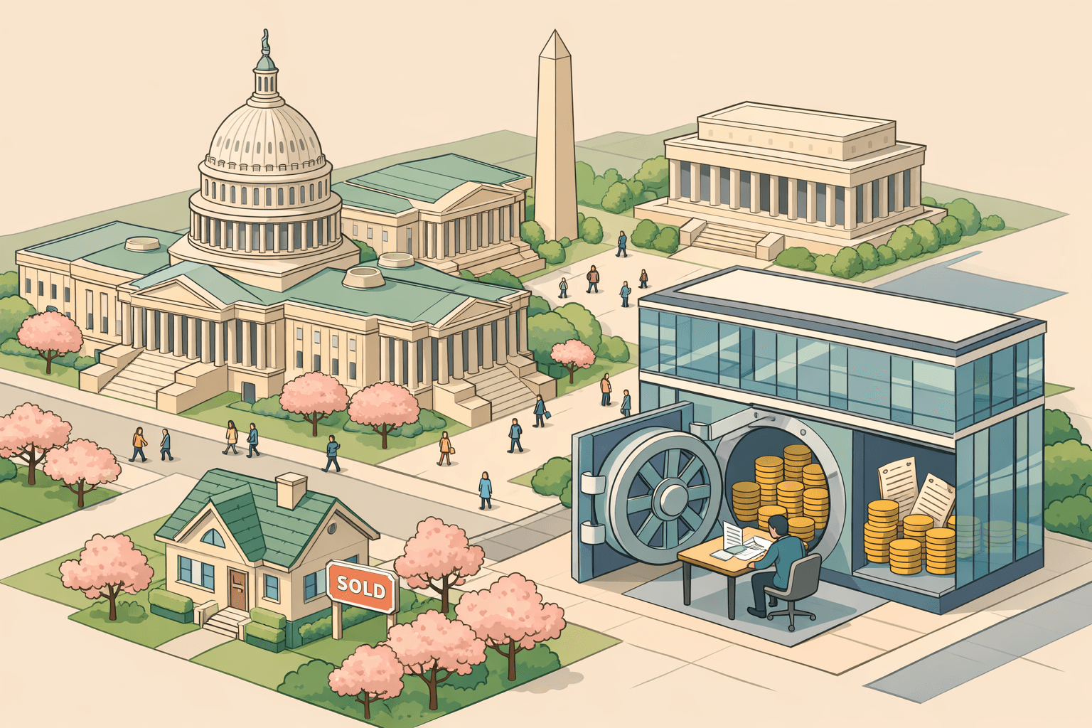 Isometric scene of Washington DC landmarks with a mortgage office, open vault, and small figures reviewing asset documents near classic government buildings.