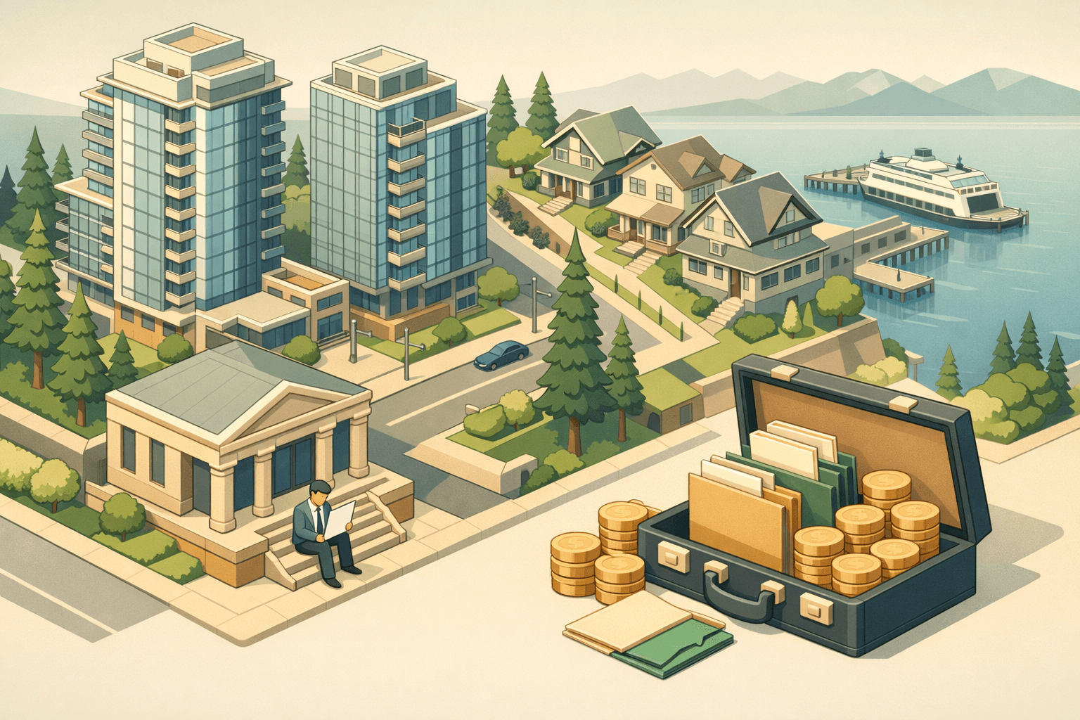 Isometric scene of a Pacific Northwest city with modern condos, a small bank building, evergreen trees, a waterfront ferry terminal, and a figure reviewing financial documents.