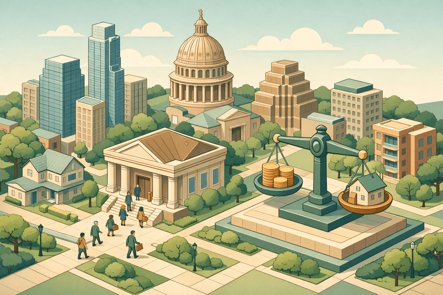 Isometric illustration of Austin landmarks with a bank building, balance scale, and tiny figures representing asset-based mortgage lending in the Texas capital.