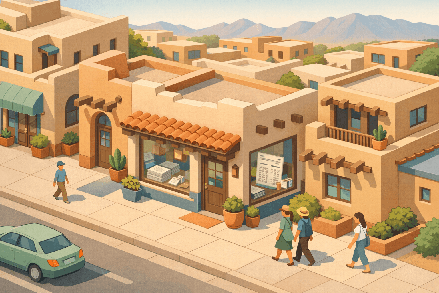 Isometric scene of an Albuquerque mortgage office with adobe-style buildings, bank statement documents visible inside, and small figures walking nearby.