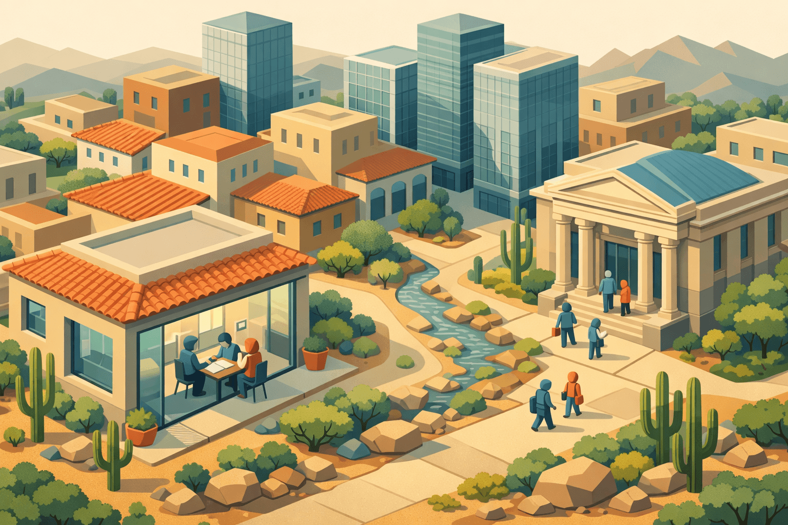 Isometric view of a Southwestern city with Adobe-style buildings, a mortgage office, and small figures near a bank in a desert landscape.