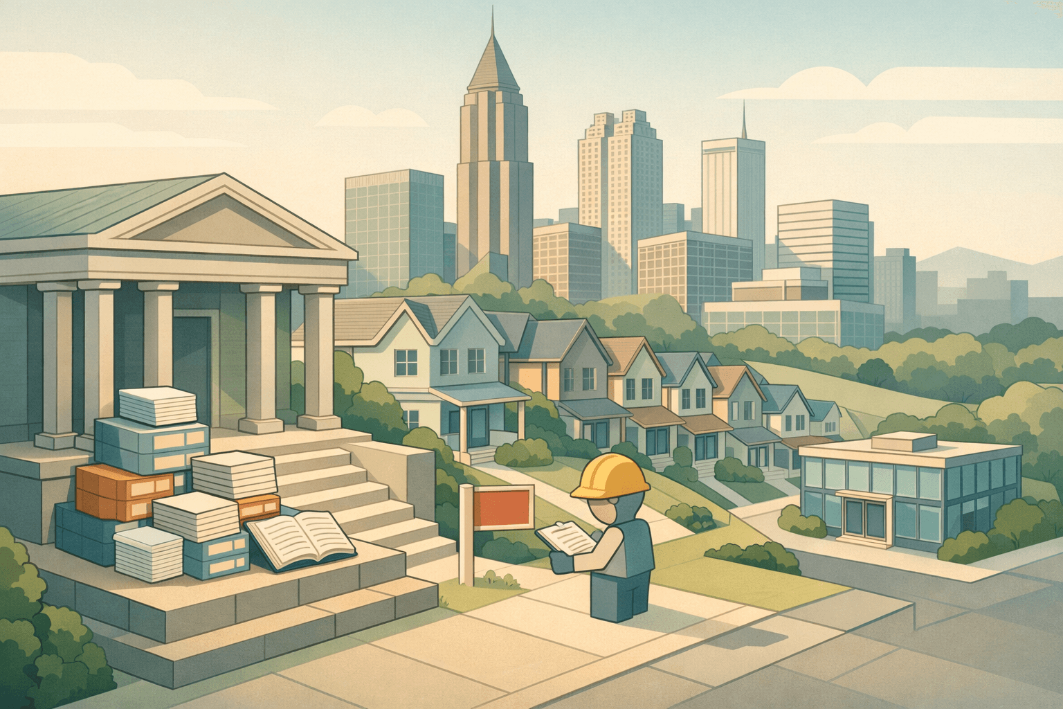 Isometric illustration of Atlanta buildings with a bank, residential homes, and a small figure reviewing mortgage documents outside a lending office.