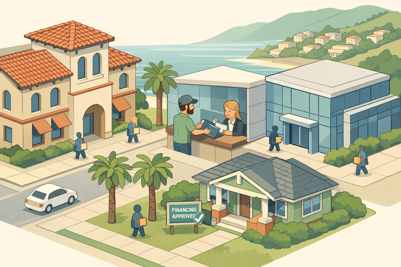 Isometric scene of a California street with a bank branch, a stucco office building, a craftsman home, and people carrying mortgage documents near palm trees.
