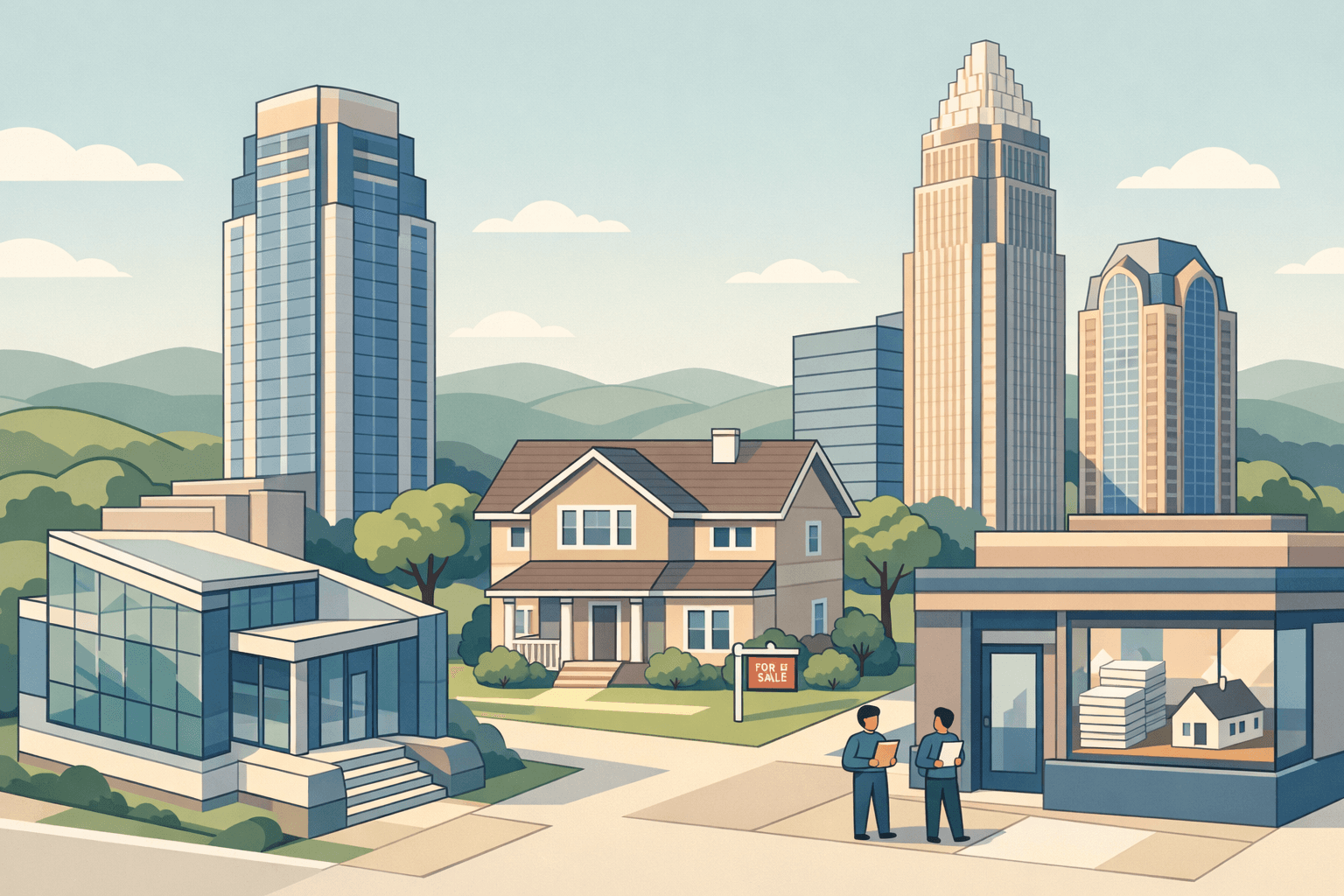 Isometric view of Charlotte skyscrapers alongside a residential home and a bank building with small figures carrying mortgage documents nearby.
