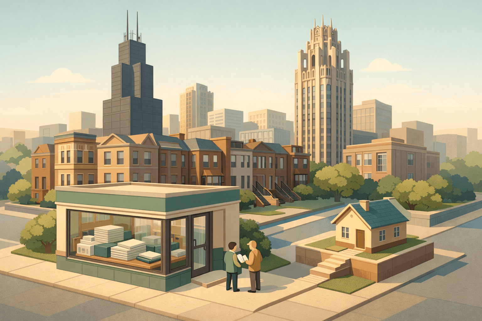 Isometric Chicago skyline with brownstones, a mortgage office showing bank documents, and tiny figures reviewing paperwork near a model home.