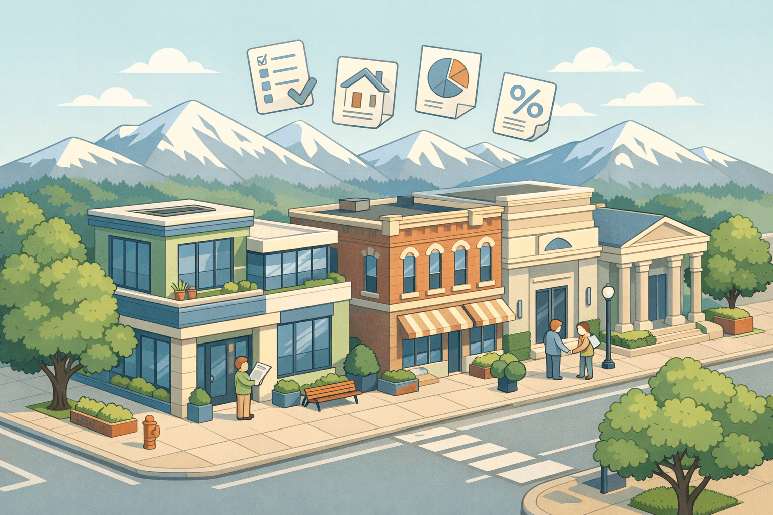 Isometric Colorado street scene with a mortgage office and mountain backdrop, showing small figures exchanging documents outside financial buildings.