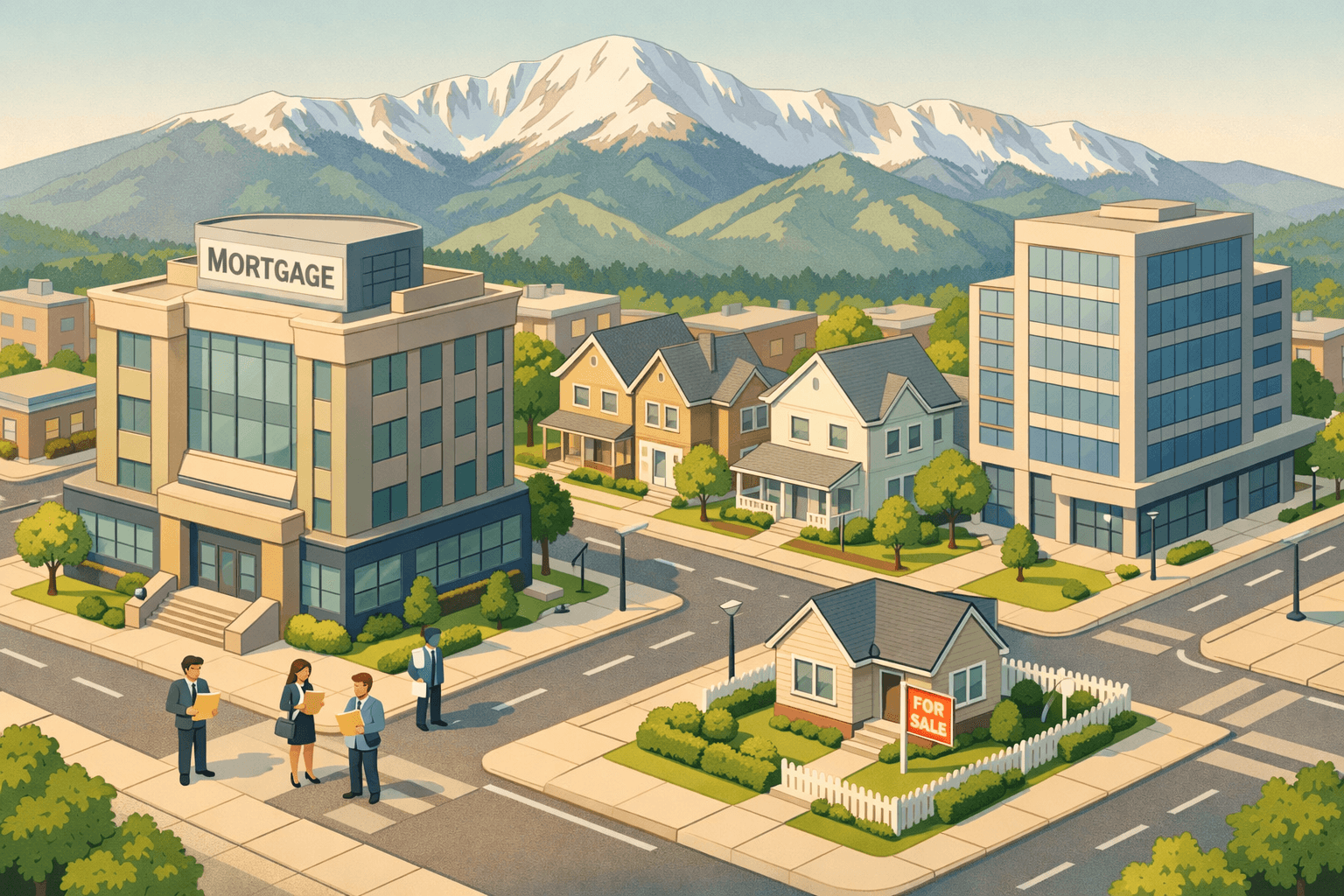 Isometric scene of Colorado Springs buildings including a bank, residential homes, and mountain backdrop with small figures near a mortgage office.