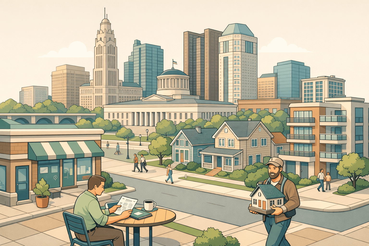 Isometric scene of Columbus Ohio with the Statehouse dome, office buildings, a mortgage office, and small figures representing homebuyers and investors on a city street.