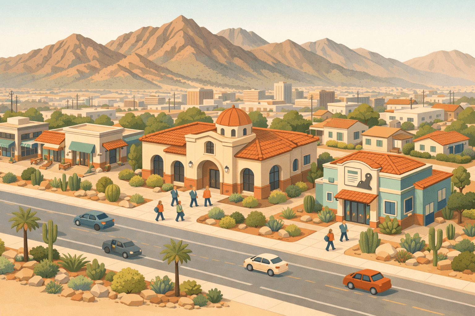 Isometric view of an El Paso street with southwestern-style buildings, a mortgage office, and small figures carrying documents in a desert setting.
