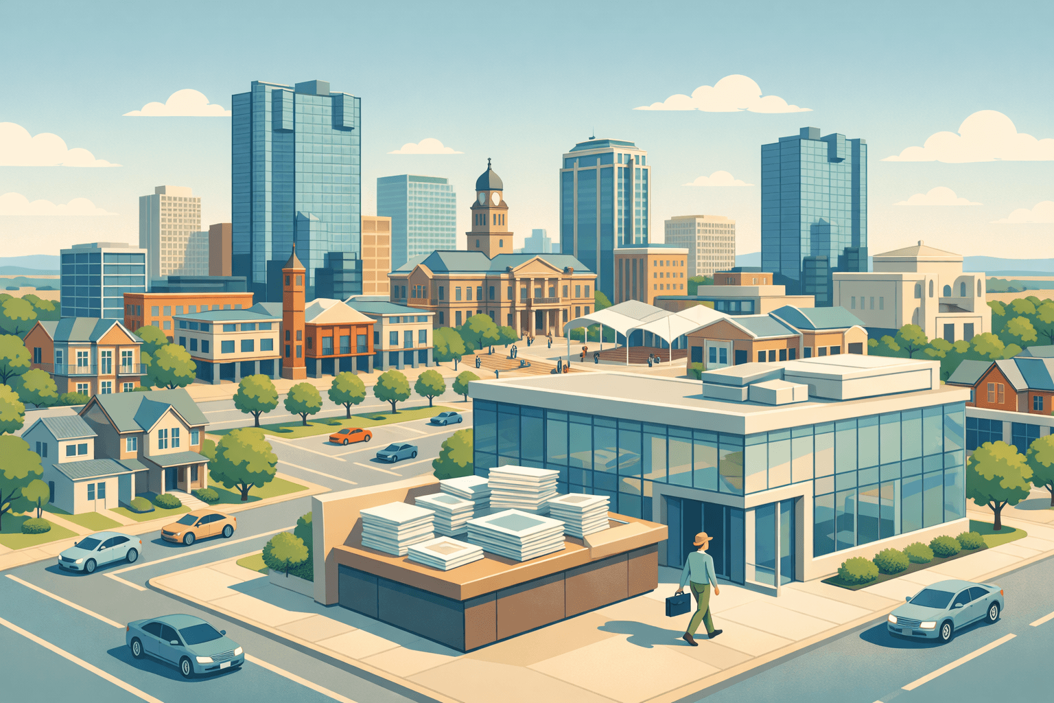 Isometric view of a Fort Worth mortgage office surrounded by downtown buildings and residential properties, with a small figure approaching the entrance carrying documents.
