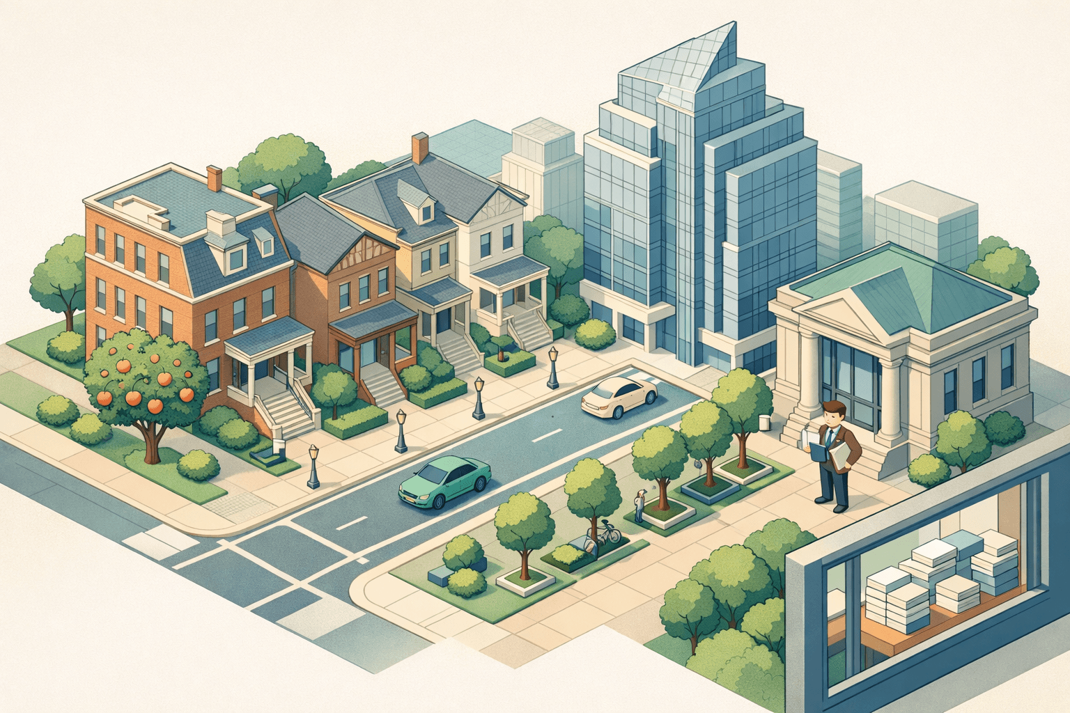 Isometric scene of Georgia residential and commercial buildings with a small figure near a bank entrance representing mortgage lending activity.