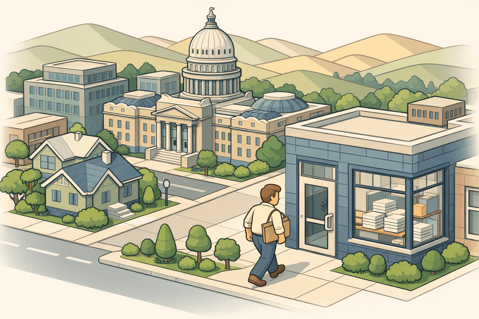 Isometric view of a Boise Idaho street with a capitol building, mortgage office, homes, and a small figure carrying bank statement documents.
