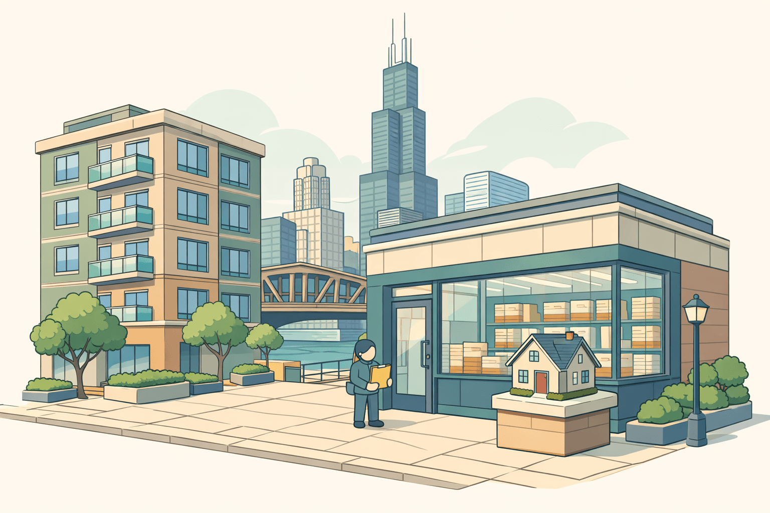 Isometric cityscape of Chicago with a mortgage office storefront, a small figure with documents, and a model house on display outside.