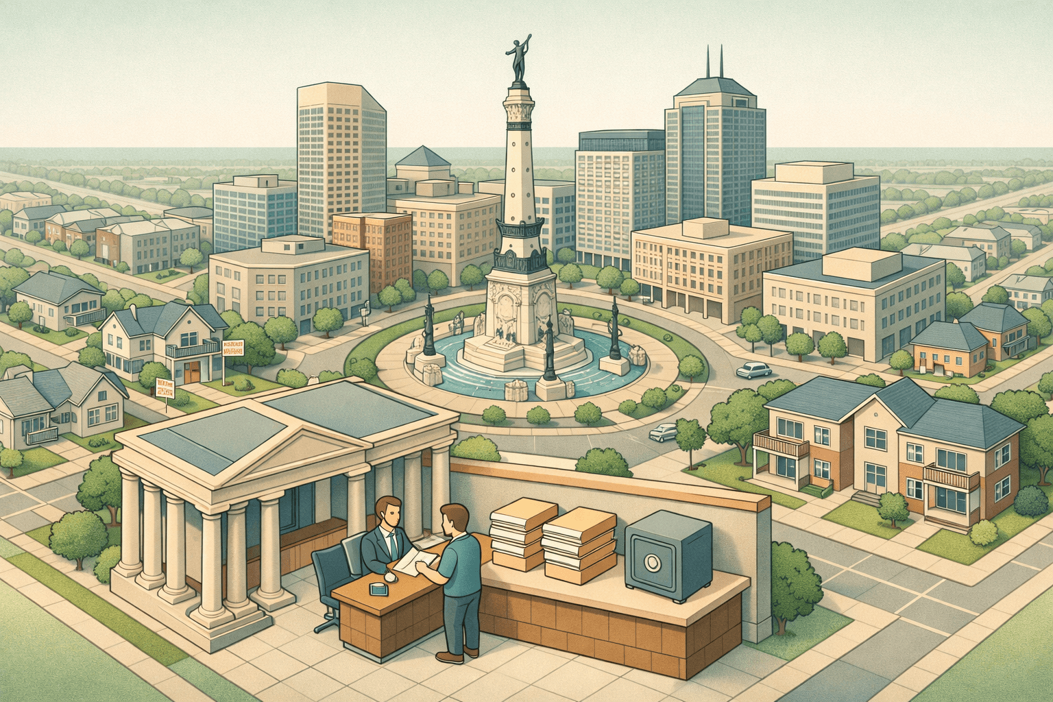 Isometric view of Indianapolis with a central monument, mortgage office buildings, residential homes, and small figures exchanging bank statement documents.