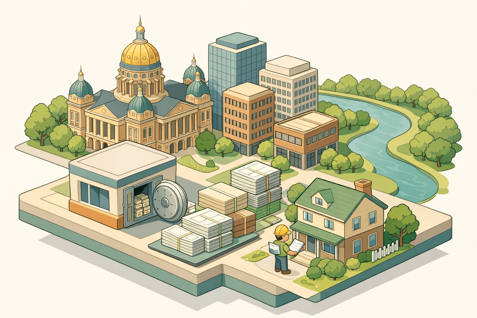 Isometric illustration of Iowa city buildings, a community bank, and a small figure reviewing mortgage documents outside a house near a river.