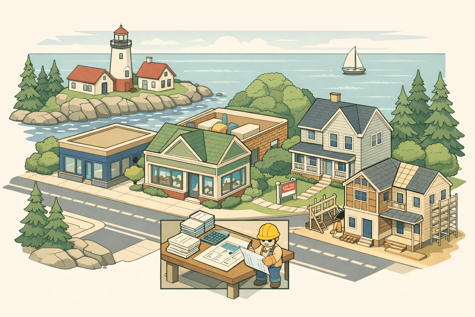 Isometric Maine coastal town with a lighthouse, mortgage lending office, New England home for sale, and a small figure reviewing property plans.