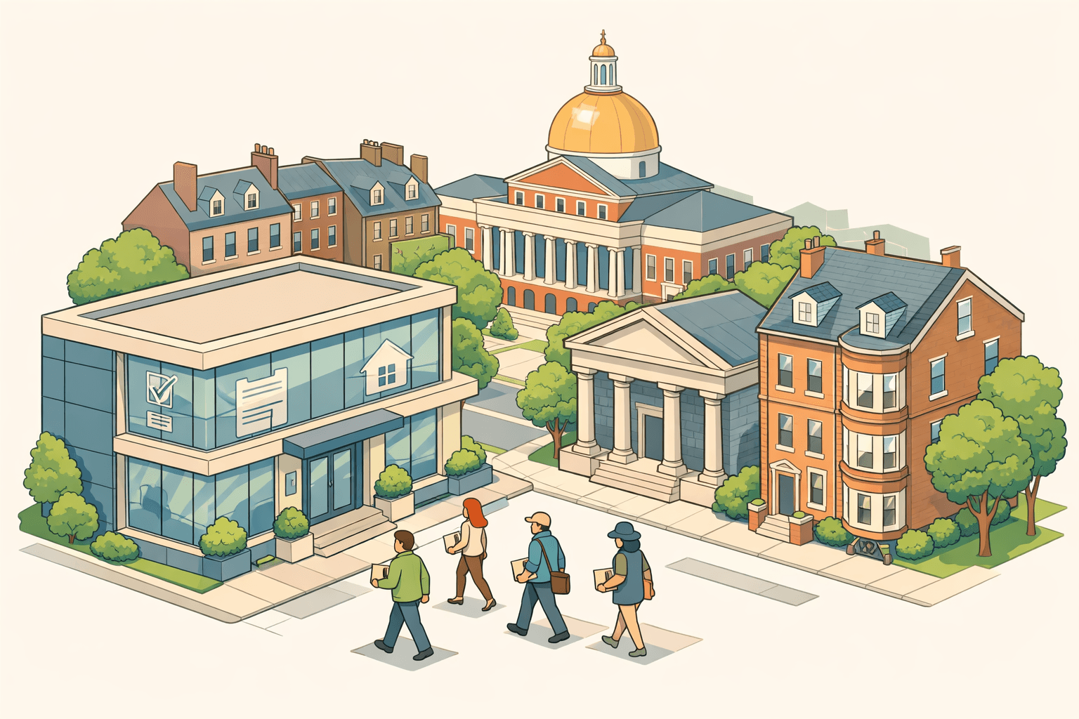 Isometric scene of Boston brownstones and a mortgage office with small figures carrying documents, representing bank statement home lending in Massachusetts.