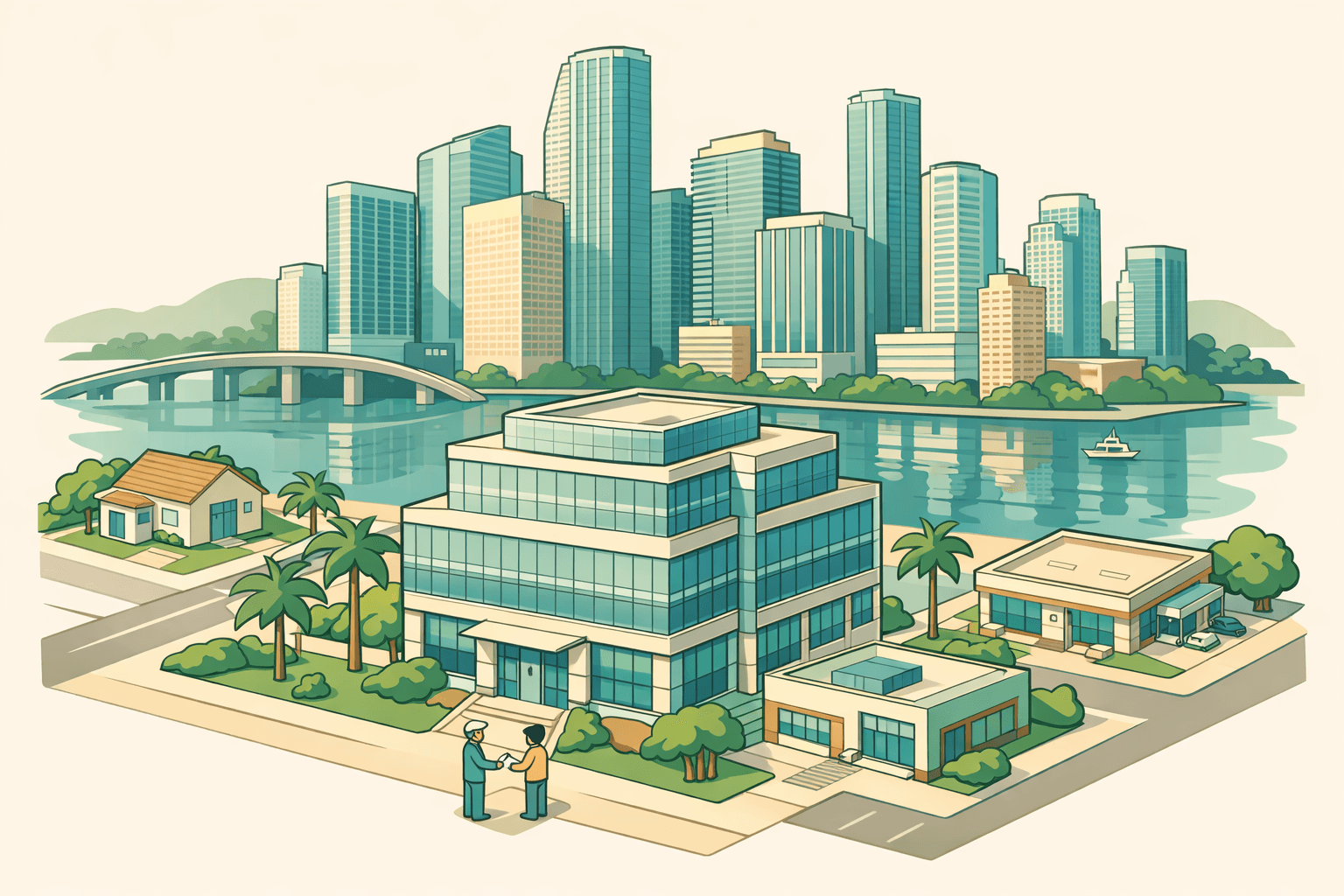 Isometric view of Miami's downtown skyline with a bank building, palm trees, and small figures exchanging mortgage documents near the waterfront.