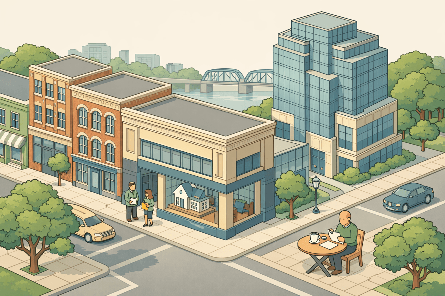 Isometric Michigan downtown scene with a mortgage lending office, small figures carrying documents, brick buildings, and a river bridge in the background.
