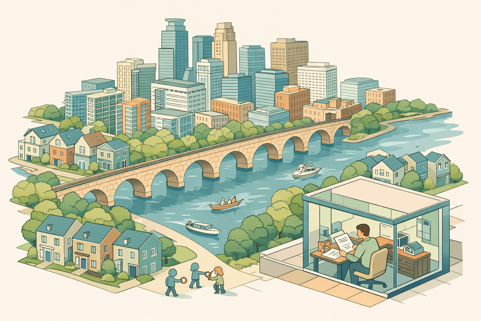 Isometric scene of Minneapolis skyline with Stone Arch Bridge, a mortgage lending office, and small figures near townhomes representing bank statement home loans.