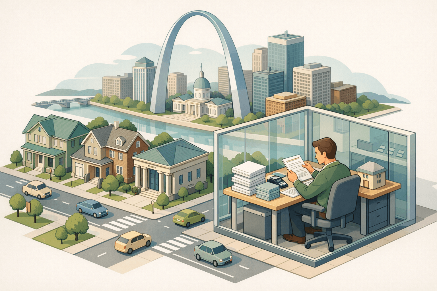 Isometric Missouri cityscape with homes, a small bank building, and a person reviewing bank statements at a desk near the Gateway Arch.
