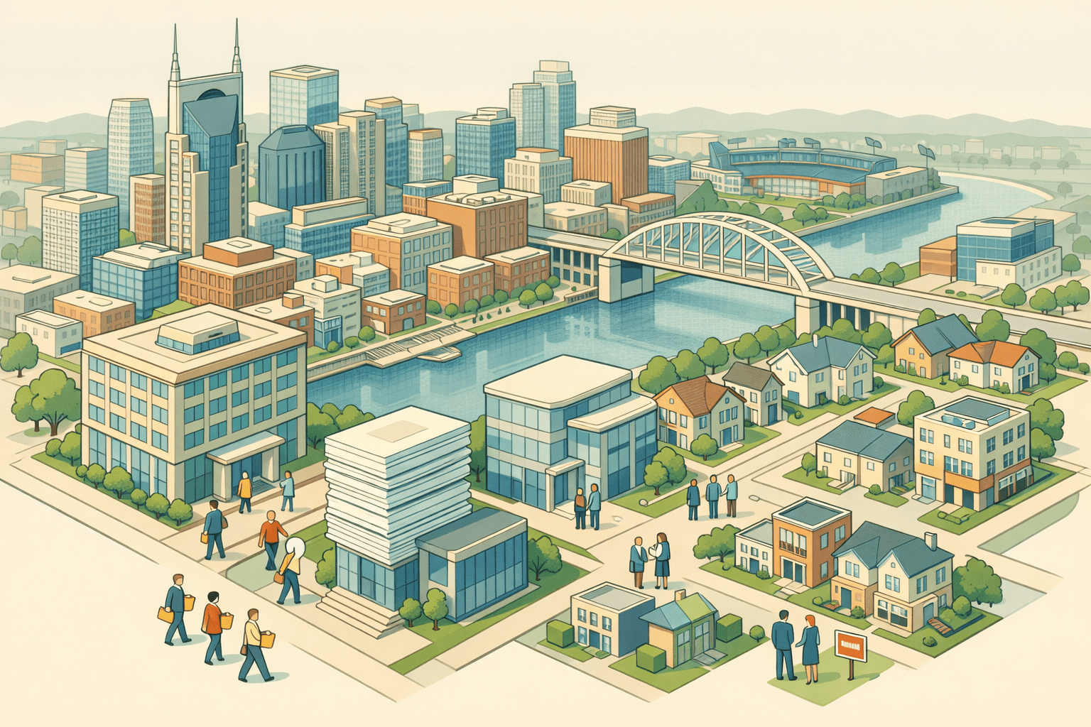 Isometric Nashville cityscape with a mortgage office, residential homes, and small figures carrying documents near a bank building along city blocks.