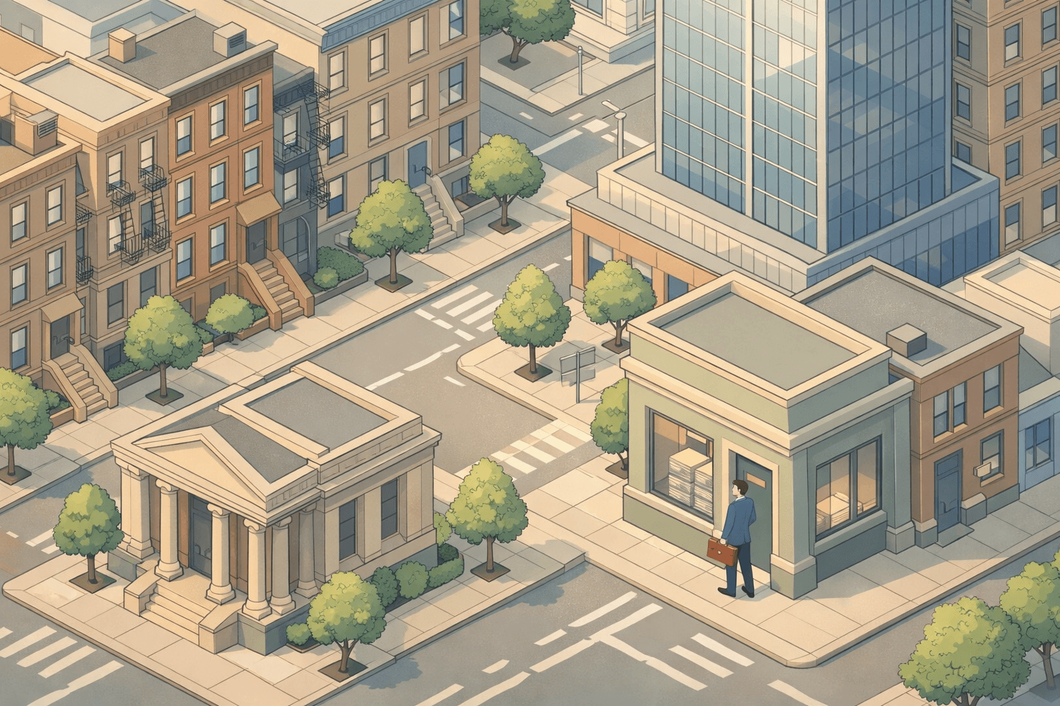 Isometric New York cityscape with brownstones, a bank building, and a small figure near a mortgage office holding financial documents.