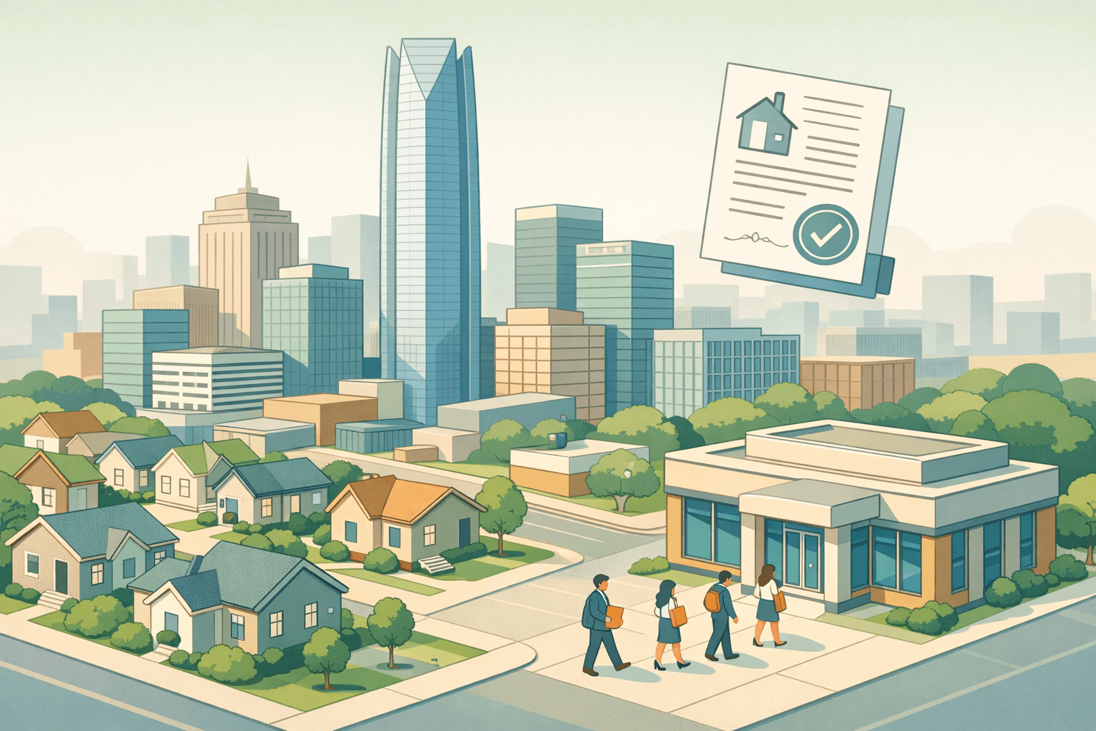 Isometric scene of Oklahoma City skyline with a local bank branch, residential homes, and small figures representing self-employed mortgage borrowers.
