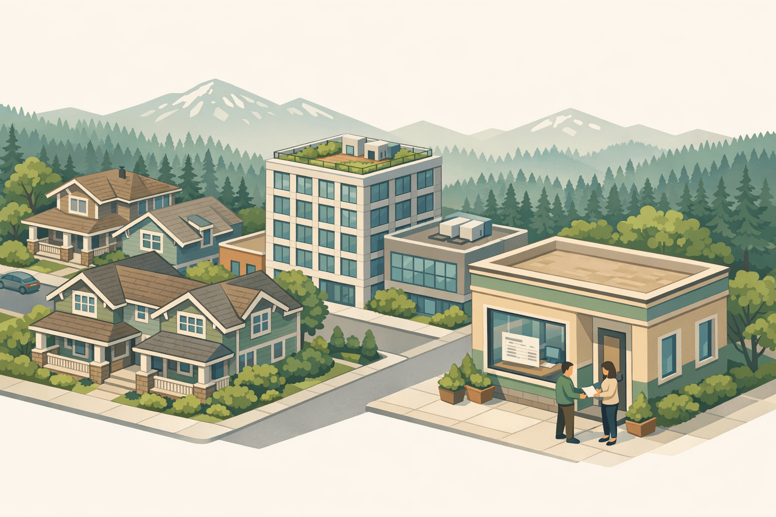 Isometric Oregon cityscape with craftsman homes, a lending office, and forested hills in the background representing bank statement mortgage lending.