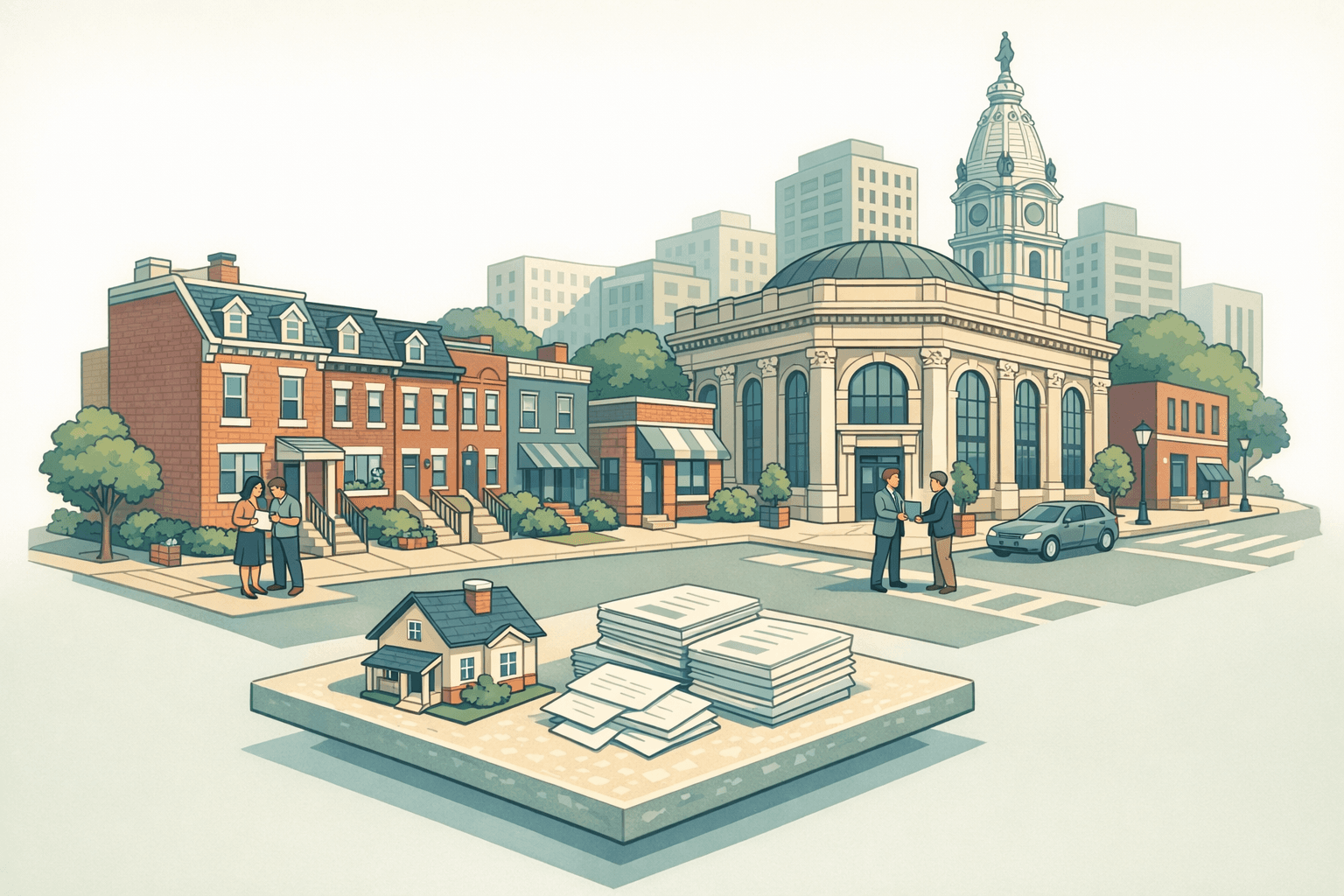 Isometric scene of Philadelphia row houses, a bank building, and small figures reviewing mortgage documents on a city block.