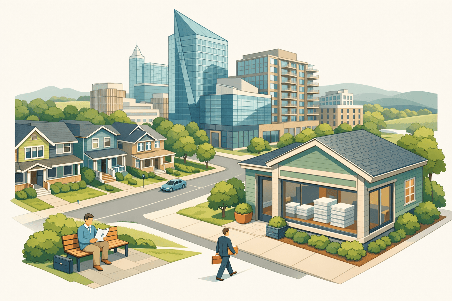 Isometric scene of a Raleigh neighborhood with homes, a mortgage office, and small figures reviewing documents near downtown buildings.