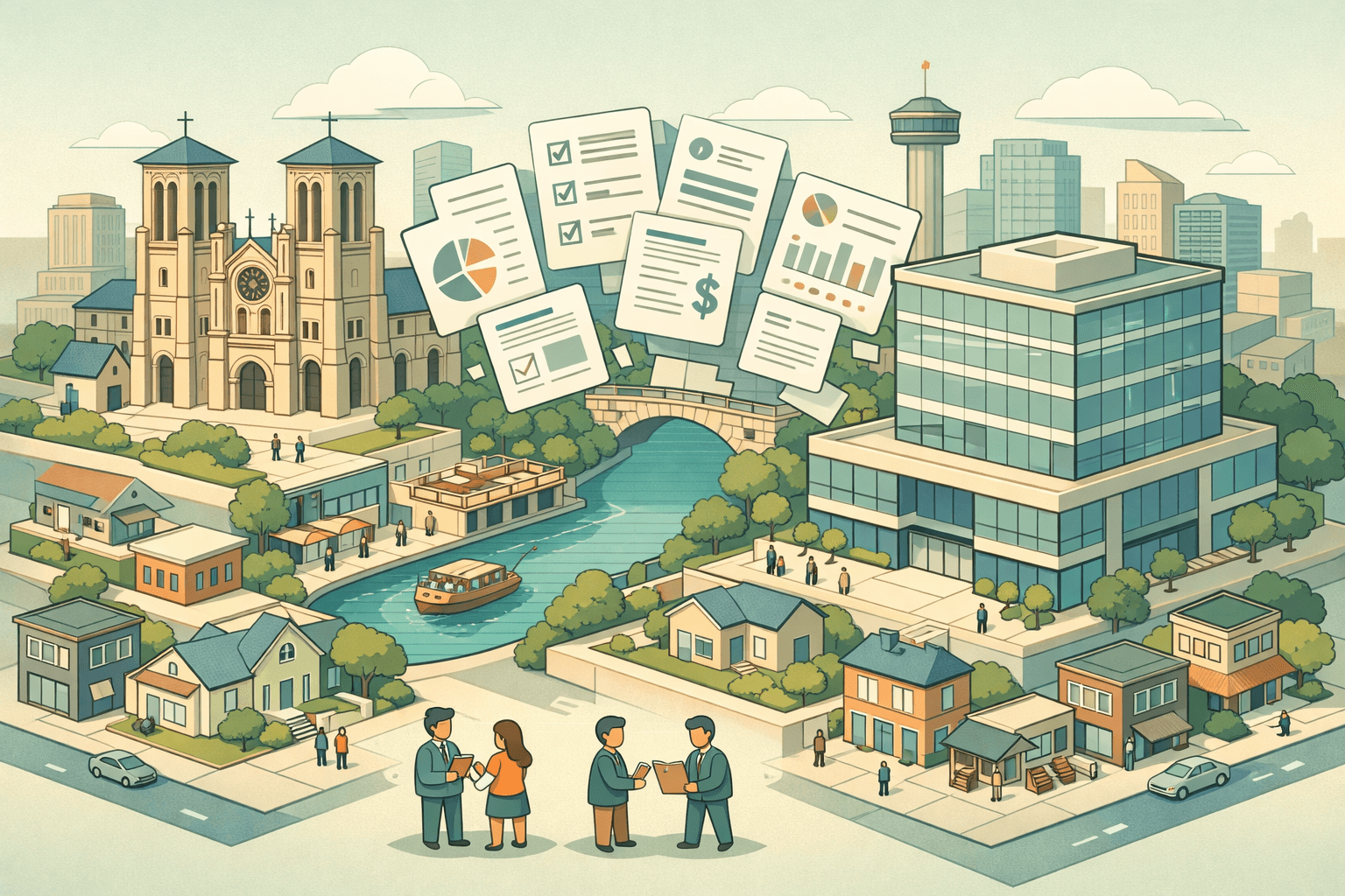 Isometric view of San Antonio with a cathedral, river walk, and mortgage office buildings surrounded by homes and tiny people exchanging documents and keys.
