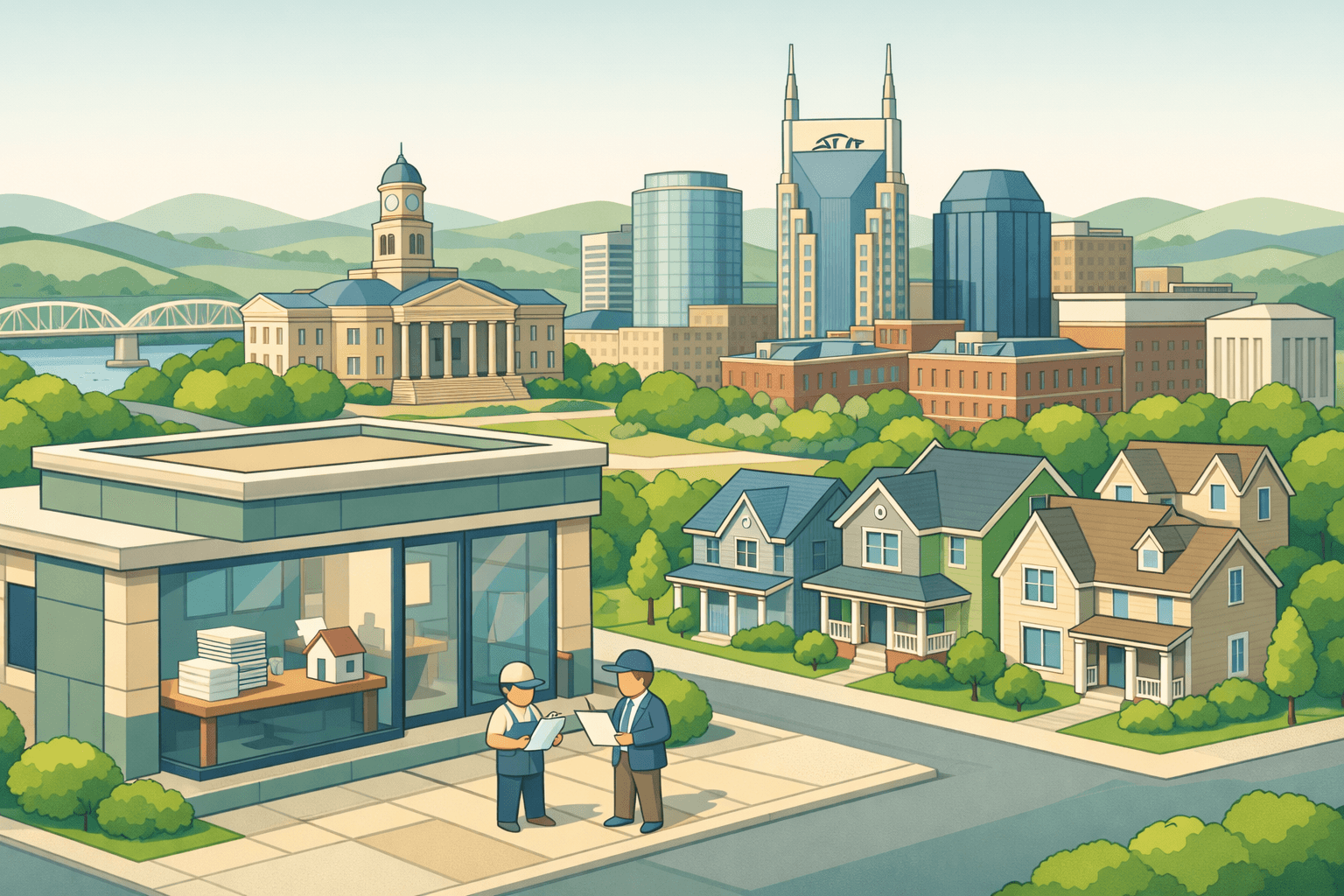 Isometric scene of a Tennessee cityscape with residential homes, a mortgage office, and small figures reviewing bank statement documents outside.