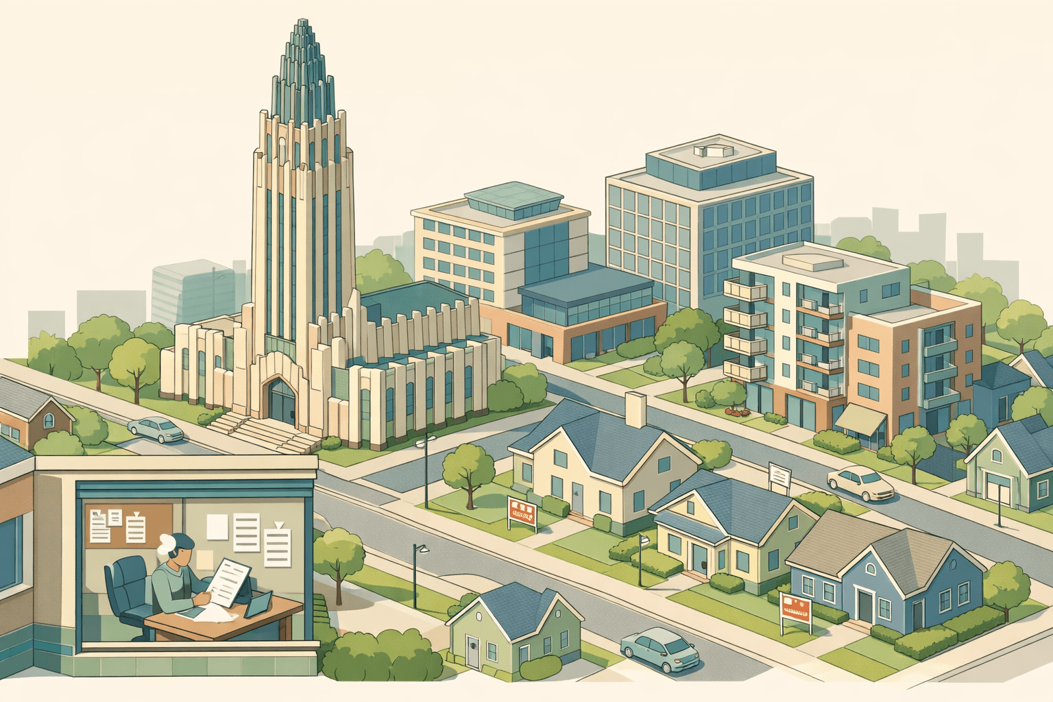Isometric scene of Tulsa buildings including an art deco tower and homes with a small mortgage office showing bank statement documents inside.