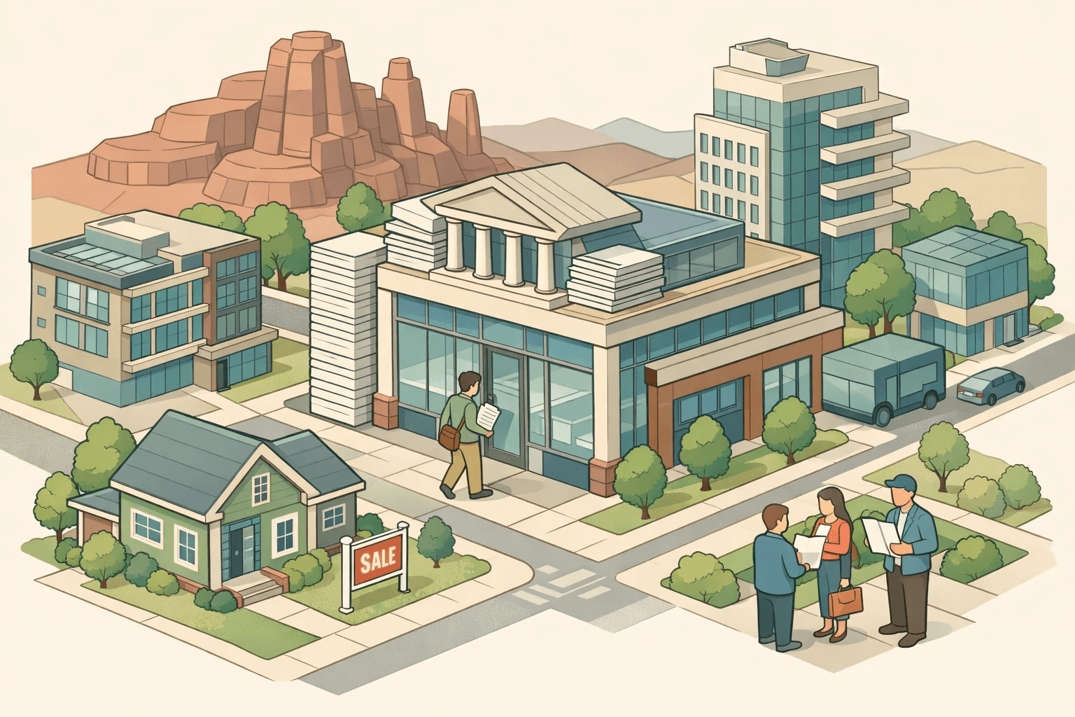 Isometric Utah cityscape with red rock formations, a mortgage office, residential homes, and small figures carrying bank statement documents.