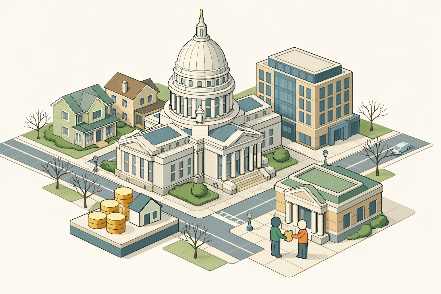 Isometric illustration of a Wisconsin city block with a capitol dome, residential homes, and two small figures exchanging mortgage documents outside a bank.