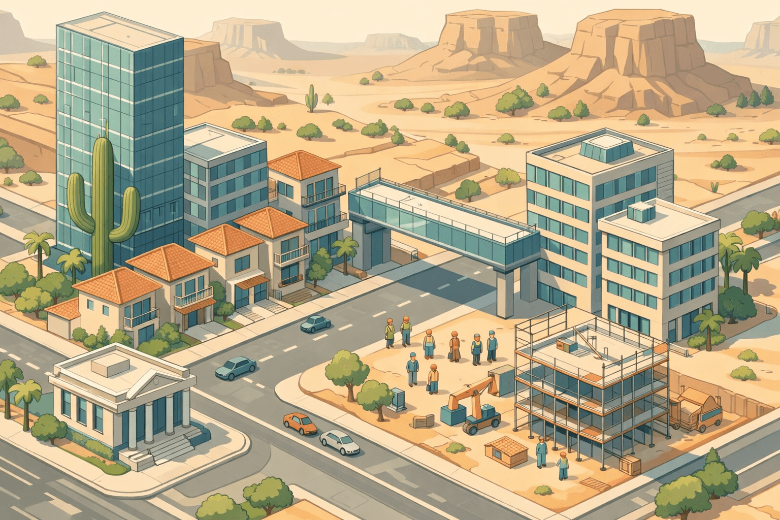 Isometric Arizona cityscape with desert architecture, investment properties, a small bank building, and tiny figures near a construction site representing bridge loan activity.