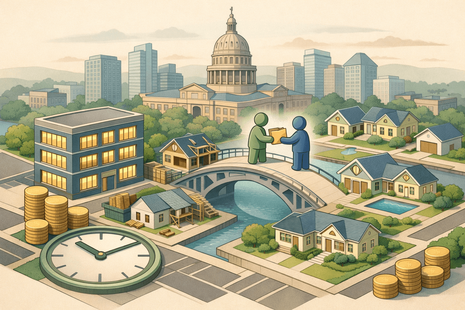 Isometric Austin skyline with the Capitol dome, residential investment properties, a lending office, and tiny figures exchanging documents near a bridge structure.