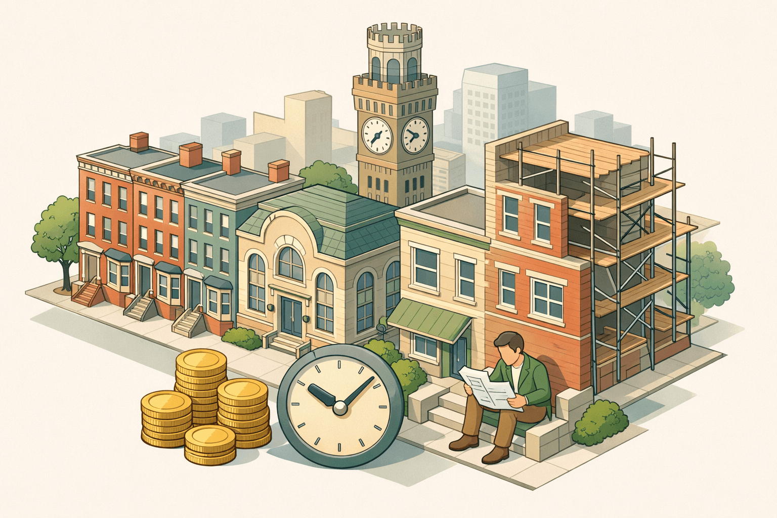 Isometric Baltimore street scene with rowhouses, a lending office, a clock, and a small figure reviewing renovation plans on a property stoop.