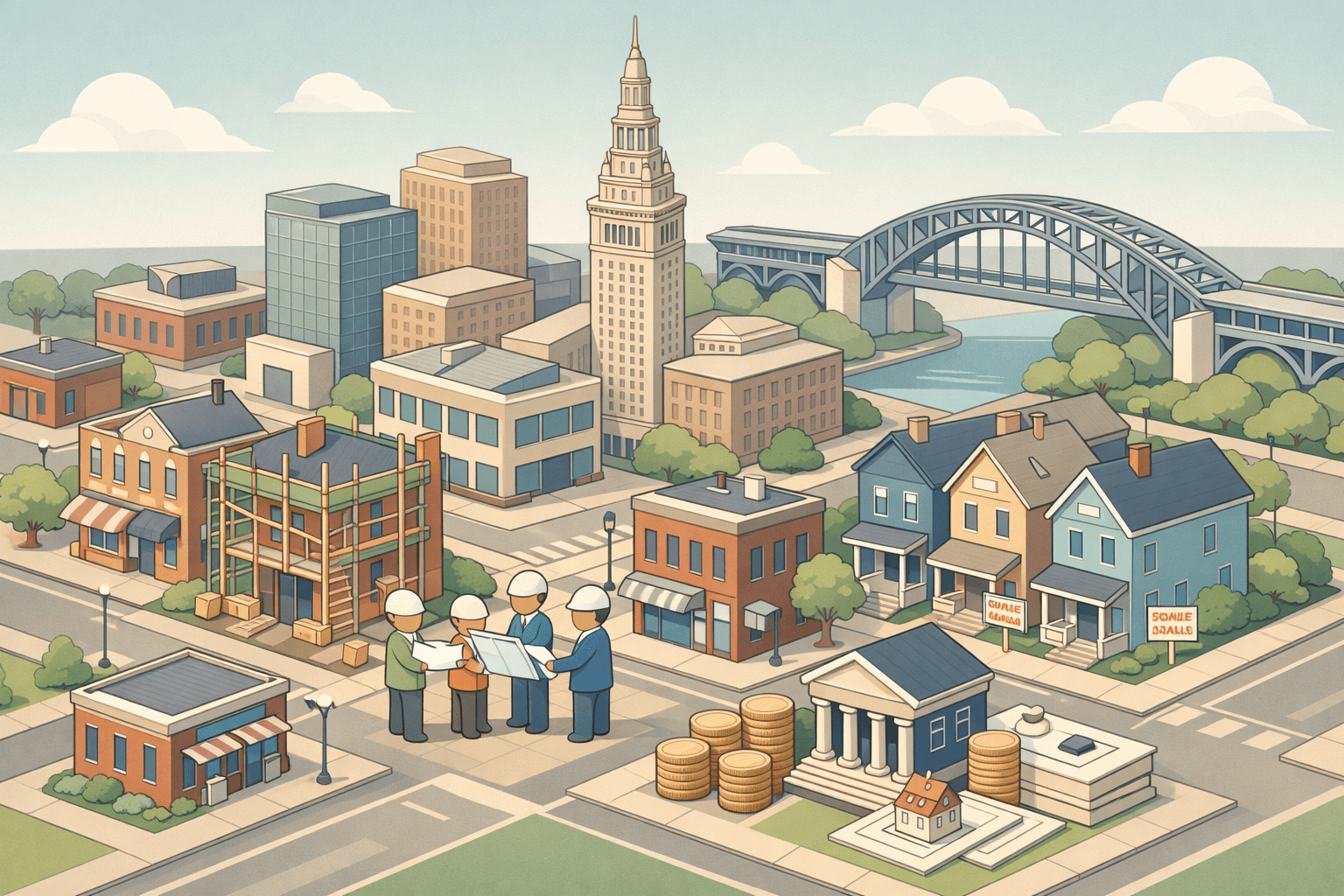 Isometric scene of Cleveland buildings and rowhouses with tiny investor figures, a bridge structure, renovation scaffolding, and stylized loan documents near a small bank.