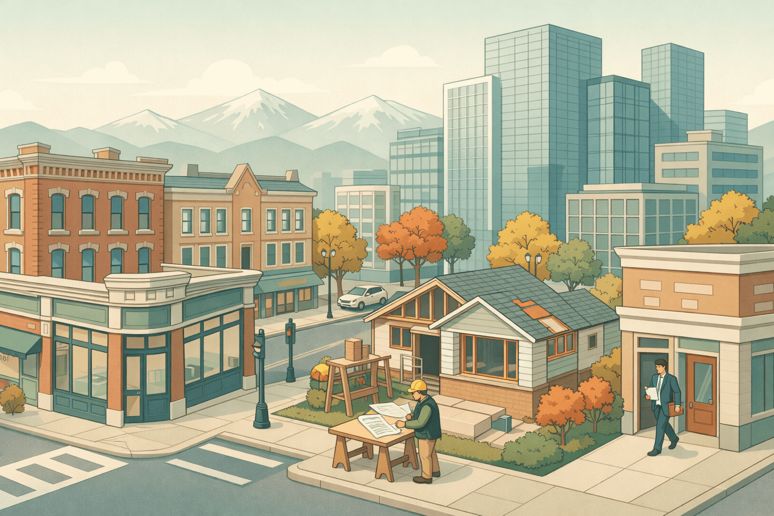 Isometric scene of a Denver street with a lending office, a renovated bungalow, small investor figures, and the Rocky Mountains in the background.