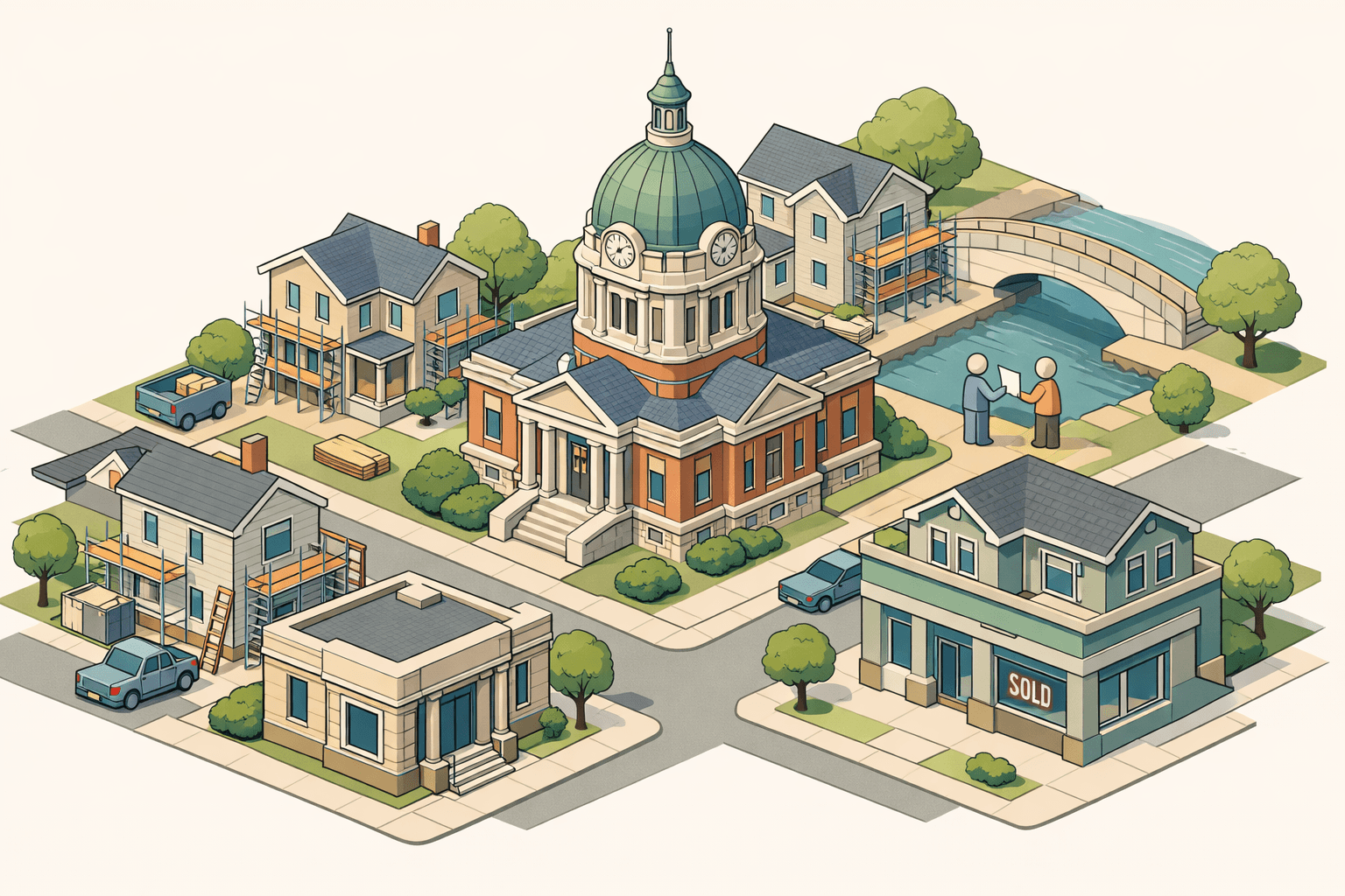 Isometric Iowa town scene with a courthouse dome, renovating homes, a community bank, and small figures near a river bridge.