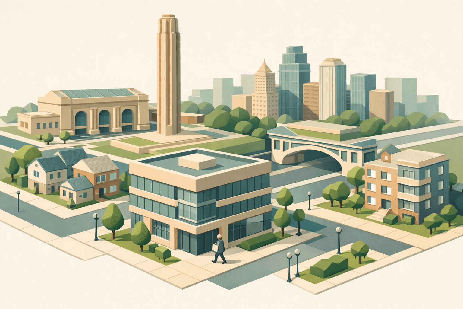 Isometric Kansas City skyline with a lending office, residential properties, and a small bridge connecting city blocks representing bridge loan financing.