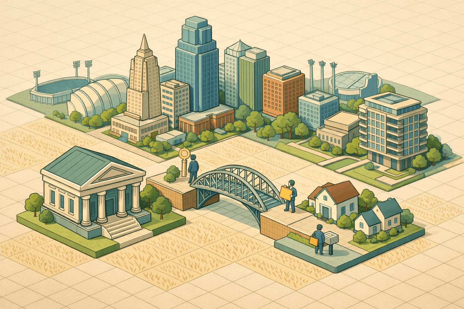Isometric view of Kansas City buildings and residential properties with small figures near a bridge structure connecting two property lots.