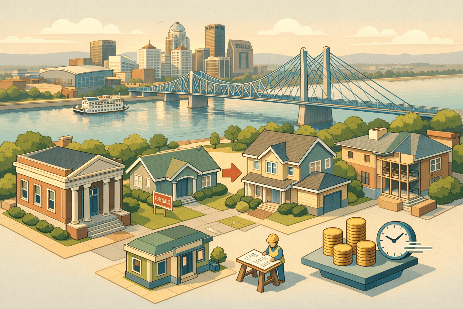 Isometric Louisville cityscape with river bridge, residential and commercial buildings, a bank, a renovation site, and symbols of short-term real estate financing.
