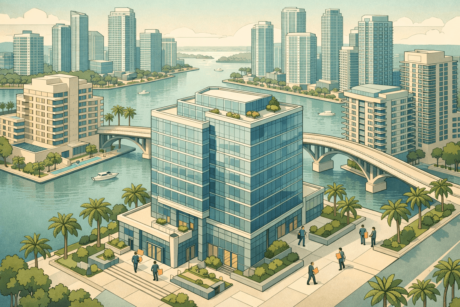 Isometric view of Miami's Brickell skyline with a central lending office, small figures near building entrances, and a symbolic bridge connecting two properties near the waterfront.