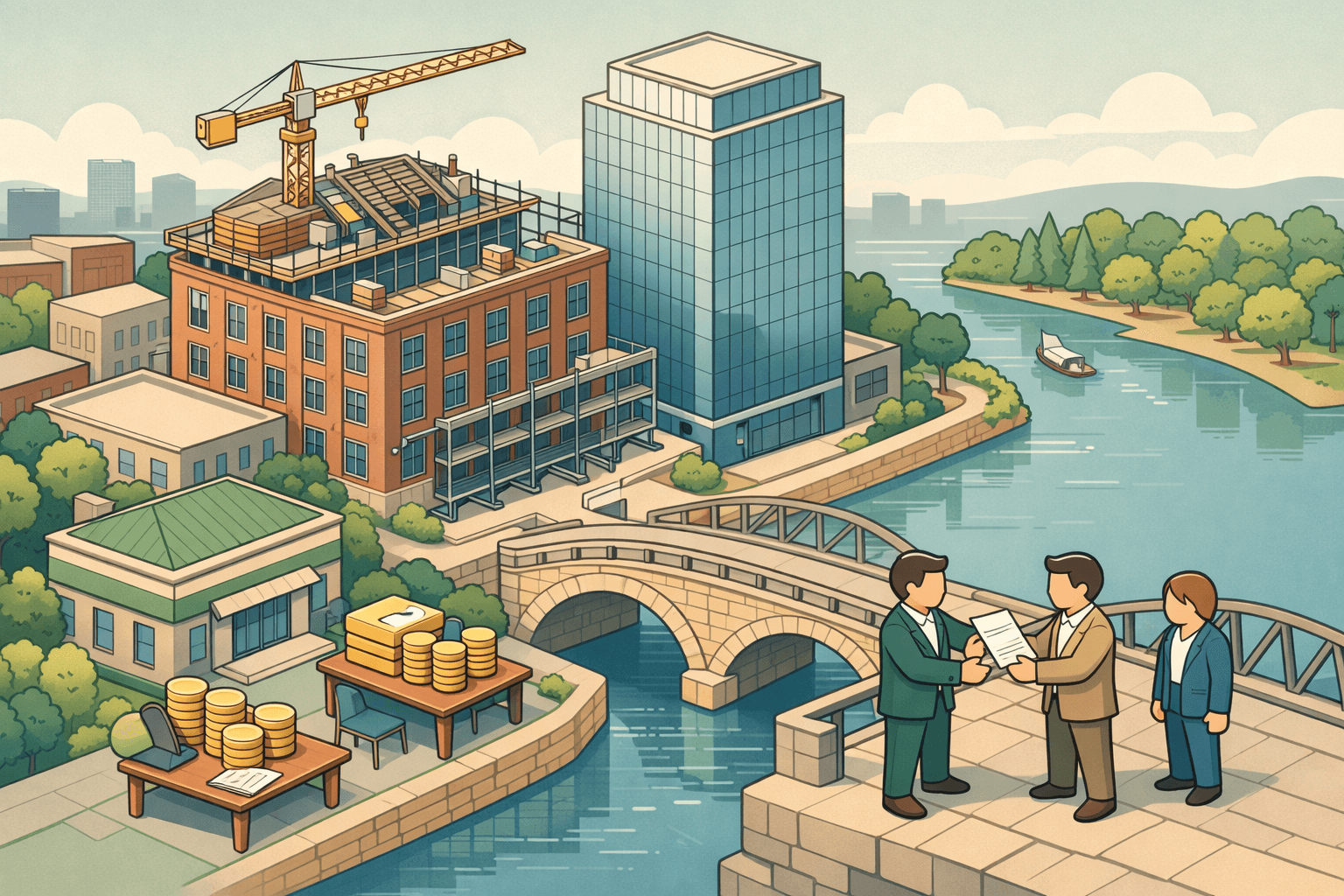 Isometric Minnesota city scene with a renovated warehouse, river bridge, investors exchanging loan documents, and a bank building alongside a construction crane.