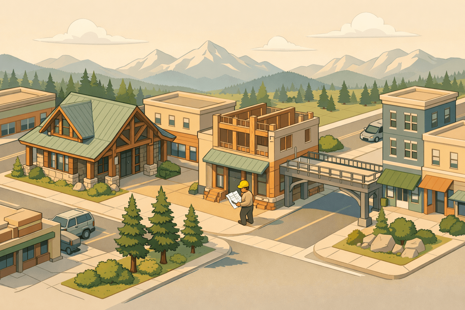 Isometric view of a Montana small city street with a timber-frame bank building, mountain backdrop, renovation activity, and a small bridge connecting two blocks.